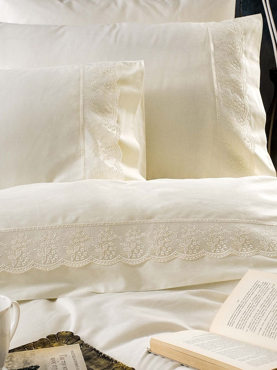 Rythmos Cotton Set of 4pcs Bridal Sheets Super Double with Lace Helga Ecru 260x230cm 201-104-01