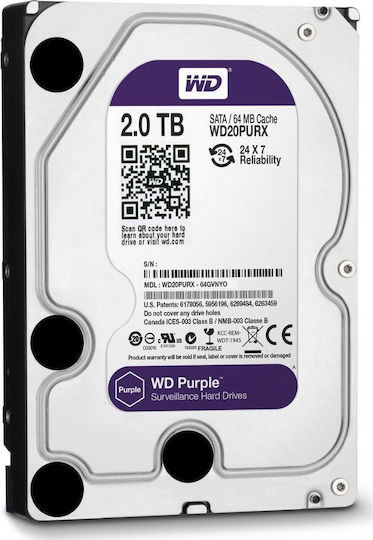 Western Digital Purple 2TB HDD Σκληρός Δίσκος 3.5" SATA III 5400rpm με 64MB Cache για Καταγραφικό WD20PURZ