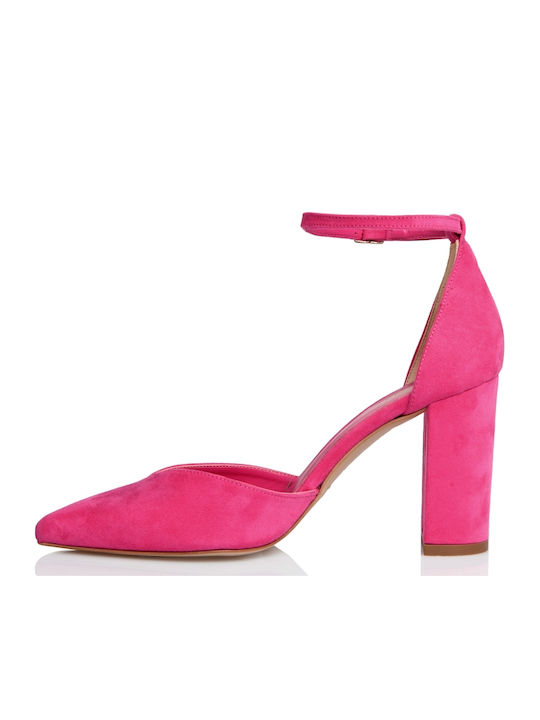 Sante Suede Μυτερές Γόβες με Λουράκι & Χοντρό Ψηλό Τακούνι Φούξια
