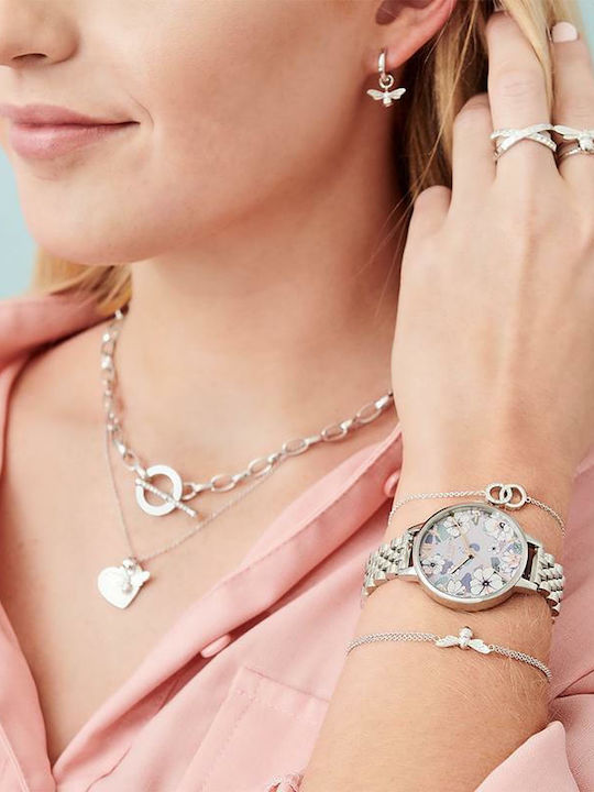 Olivia Burton Groovy Blooms Γυναικείο Ρολόι Μπαταρίας με Ασημί Μεταλλικό Μπρασελέ