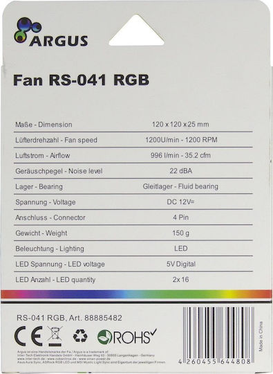 Argus RS-041 RGB Case Fan 120mm (1200rpm / 35cfm) με Σύνδεση 4-Pin PWM