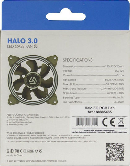 Alseye Halo 3.0 Case Fan 120mm (1500rpm / 53.5cfm) with RGB Lighting and 4-Pin PWM Connection
