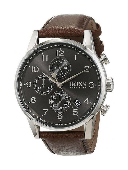 Boss Navigator Herrenuhr 44mm Chronograph Batterie mit Braun Lederarmband