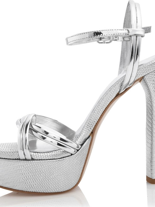 Women's Sandals with Thin High Heel In Silver Colour 20-247-10