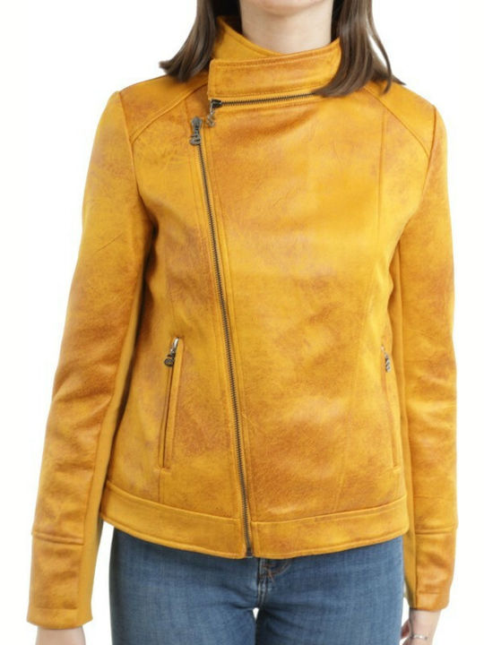 Desigual Millet Women's Short Biker Artificial Leather Jacket for Winter Yellow