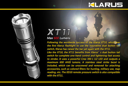 Klarus Επαναφορτιζόμενος Φακός LED IPX8 με Μέγιστη Φωτεινότητα 1060lm XT11 2x CR123A