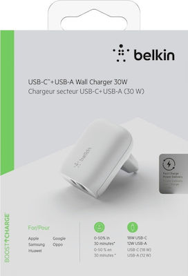 Belkin 2x USB / USB-C Wall Adapter Λευκό (Boost Charge)