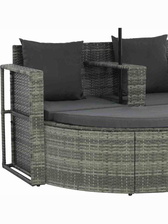 Шезлонг Двойна Ратан с Възглавница & Чадър Сив 2бр 130x58x77см.