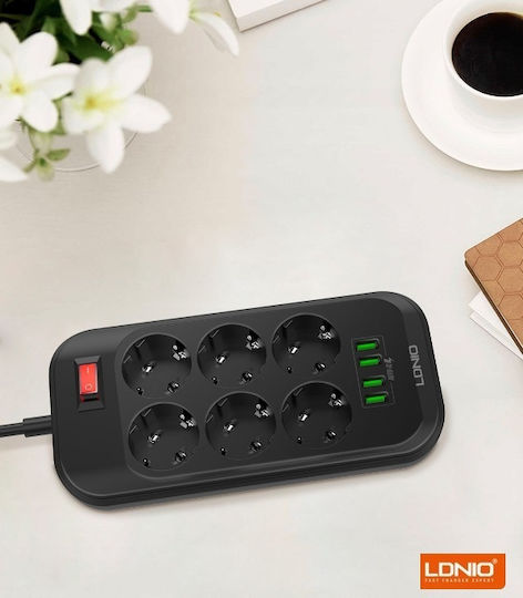 Ldnio SE6403 Power Strip with Surge Protection 6 Positions with 4 USB-A, Switch and Cable 2m