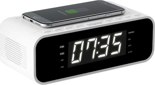 Thomson Radio/Clock with USB Charge Tabletop Digital Clock with Alarm, Radio and Wireless Charging White CR221I