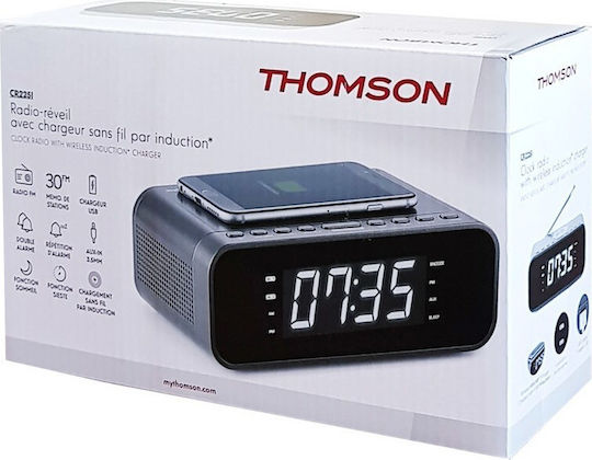 Thomson Radio/Clock with USB Charge Tabletop Digital Clock with Alarm, Radio and Wireless Charging White CR221I