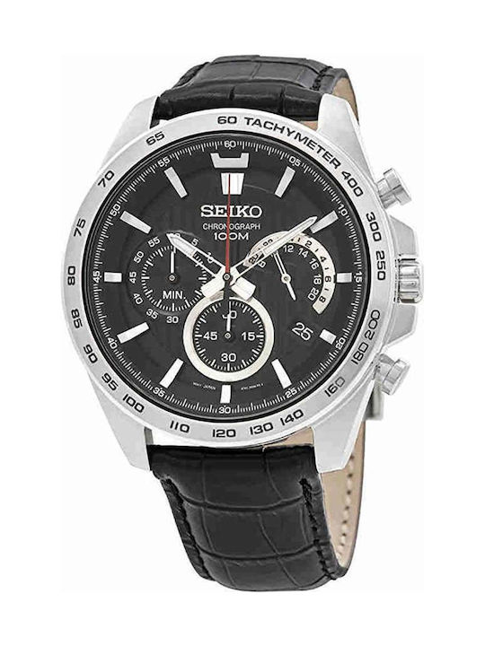 Seiko Men's Watch 44mm Chronograph Battery with Black Leather Strap