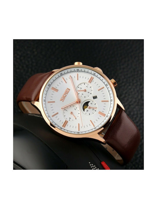 Skmei Watch Chronograph Battery with Brown Leather Strap 9117 - GOLD/WHITE