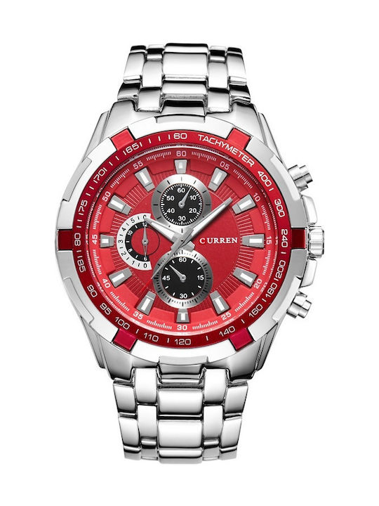 Curren Men's Watch 45mm Chronograph Battery with Metal Bracelet Silver - Red