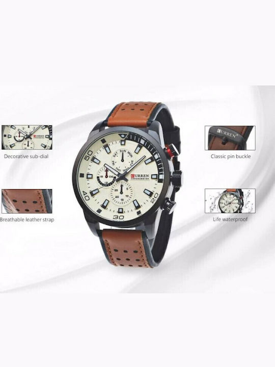 Curren Men's Watch 48mm Chronograph Battery with Leather Strap Brown / White