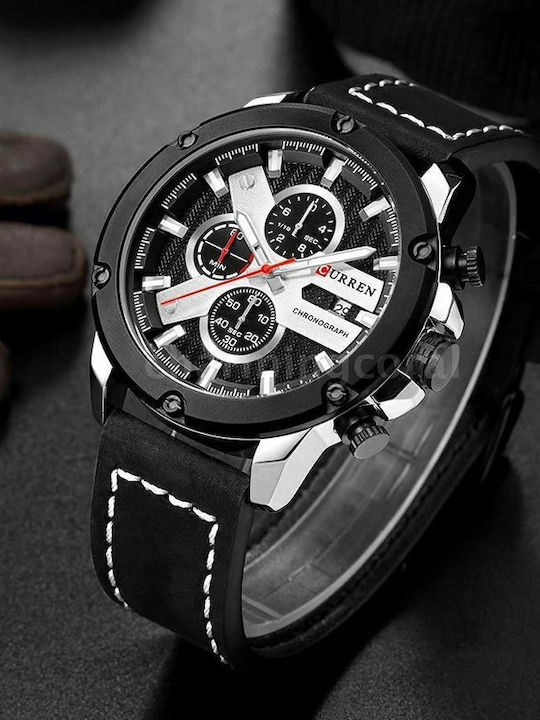 Curren Herrenuhr 48mm Chronograph Batterie mit Lederarmband Black / Silver