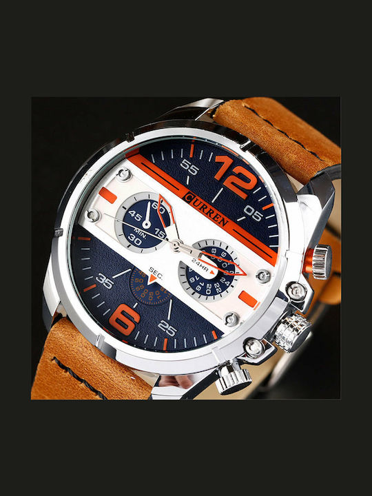Curren Men's Watch 48mm Chronograph Battery with Leather Strap Brown / Blue / White
