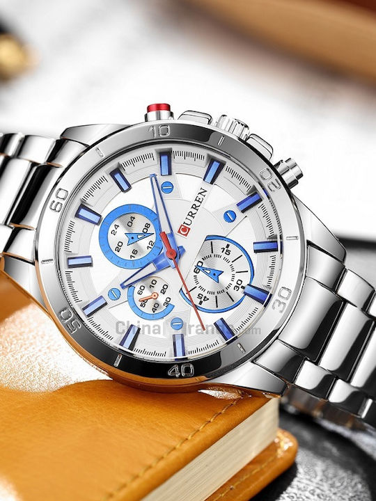 Curren Business Sports Ανδρικό Ρολόι 40mm Μπαταρίας με Μεταλλικό Μπρασελέ Ασημί/Μπλε