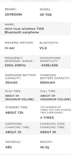 Joyroom JR-T08 In-ear Bluetooth Handsfree Earphones with Sweat Resistance and Charging Case Black