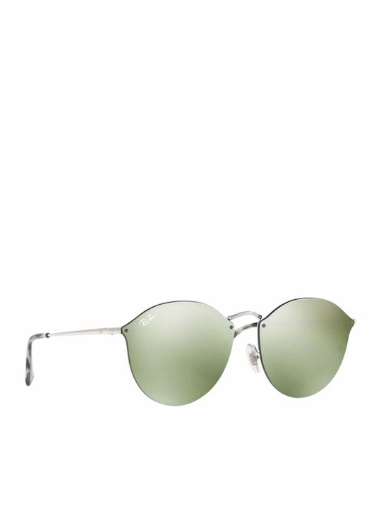 Ray Ban Blaze Round Unisex Sunglasses with Silver Metal Frame and Green Mirror Lens RB3574N 003/30