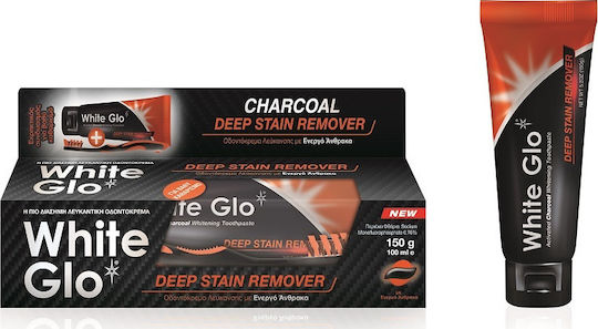 White Glo Charcoal Deep Stain Remover Toothpaste with Activated Carbon for Whitening & Οδοντόβουρτσα 150gr