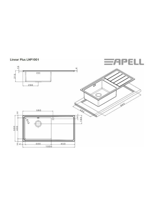 Apell Linear Plus LNP1001R LNP1001-110R Links Drop-In Spüle Inox Satiniert B100xT50cm Silber