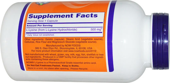 Now Foods L-Lysine 500mg 100 Herbal Capsules