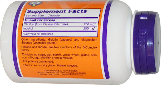 Now Foods Choline & Inositol 500mg Добавка за Стрес 100 Капсули