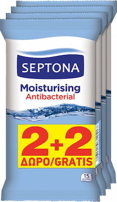 Septona Moisturising Antibacterial Antiseptic Hand Wipes 4x15pcs Natural