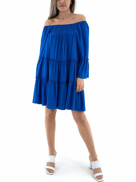 Moutaki Summer Mini Dress with Ruffle Blue