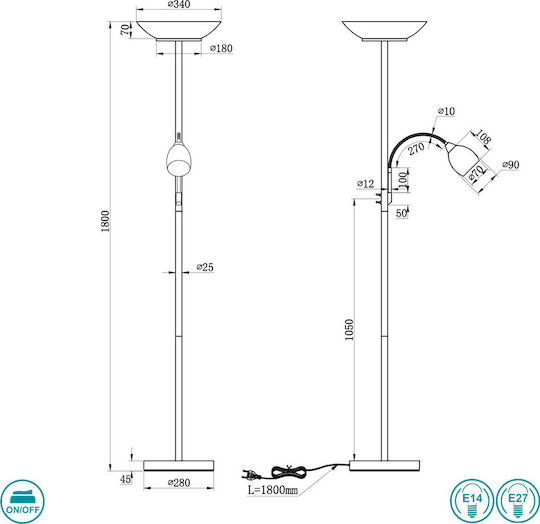 Trio Lighting Gerry Floor Lamp H180xW34cm. with Socket for Bulb E27 Silver