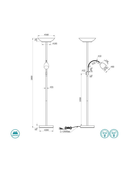 Trio Lighting Gerry Floor Lamp H180xW34cm. with Socket for Bulb E27 Gold