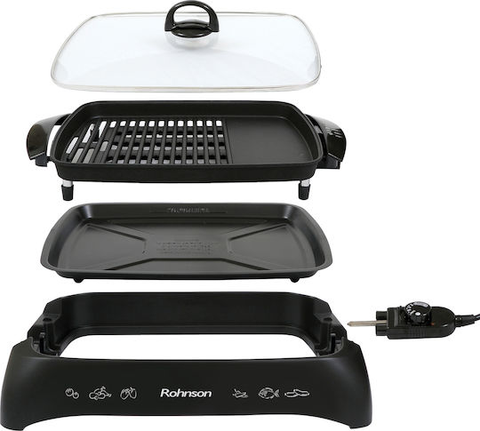 Rohnson Tabletop Electric Grill Grill and Smooth Plate 2200W with Lid and Adjustable Thermostat 40cmx30cmcm