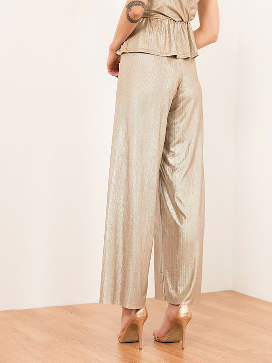 Women's Fabric Trousers with Elastic in Loose Fit Gold