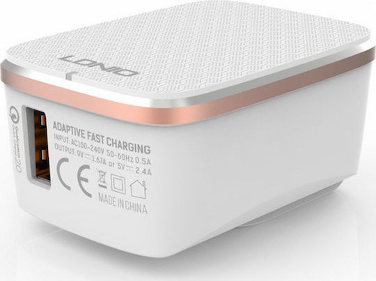 Ldnio Φορτιστής με Θύρα USB-A και Καλώδιο Lightning Quick Charge 3.0 Λευκός (A1204Q)