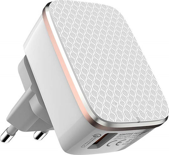 Ldnio Φορτιστής με Θύρα USB-A και Καλώδιο Lightning Quick Charge 3.0 Λευκός (A1204Q)