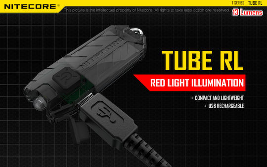 NiteCore Rechargeable Keychain Flashlight LED UV IP65 with Maximum Brightness 13lm Tube Rechargable RL Embedded Black