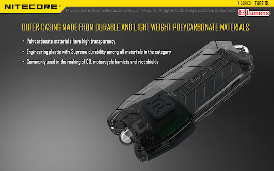 NiteCore Rechargeable Keychain Flashlight LED UV IP65 with Maximum Brightness 13lm Tube Rechargable RL Embedded Black