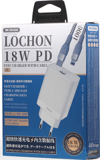 WK Mobile Phone Charger with USB-C Port and USB-C - Lightning Cable 18W Power Delivery White