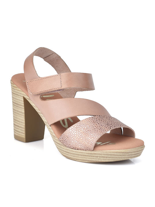 Oh My Sandals Leather Women's Sandals with Ankle Strap Pink with Chunky High Heel