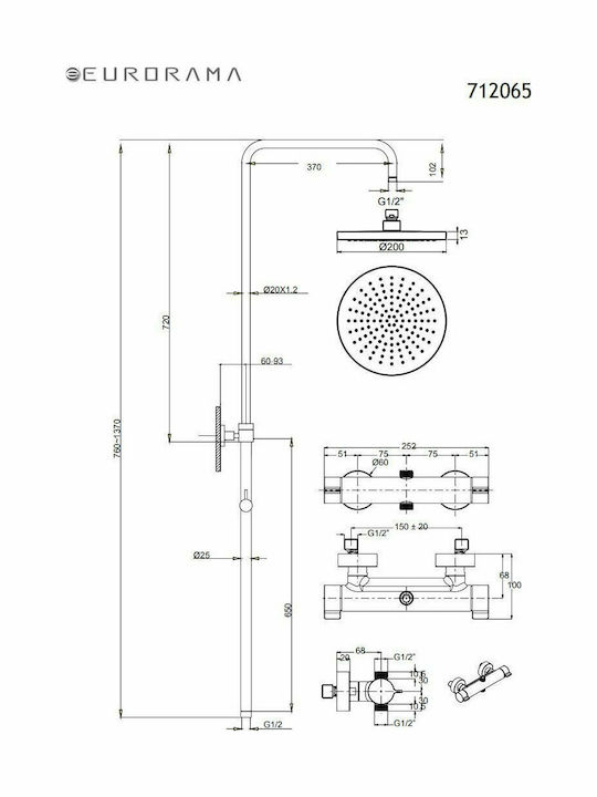 Eurorama Slim 712065 Adjustable Shower Column with Bathtub Mixer 76-137cm Black