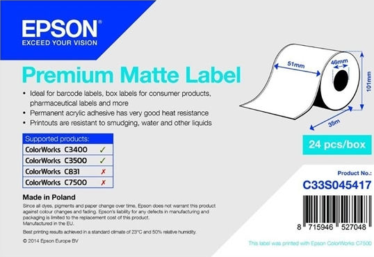 Epson Premium Matte Ταινία Ετικετογράφου 35m x 51mm σε Λευκό Χρώμα Συμβατή με Dymo Rhino/IND