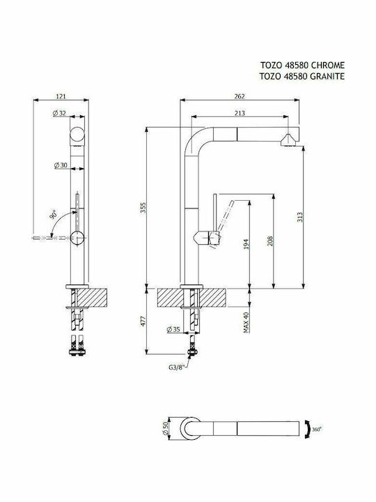 Carron Phoenix Tozo 48580 Tall Kitchen Faucet Counter with Shower Granite White