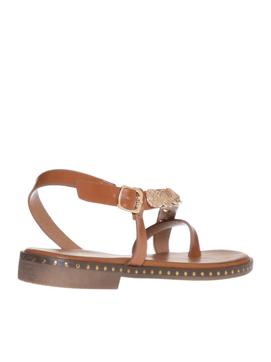 Envie Shoes Leather Women's Flat Sandals in Tabac Brown Color