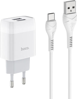 Hoco Charger with 2 USB-A Ports and Cable USB-C Whites (C73A Glorious)