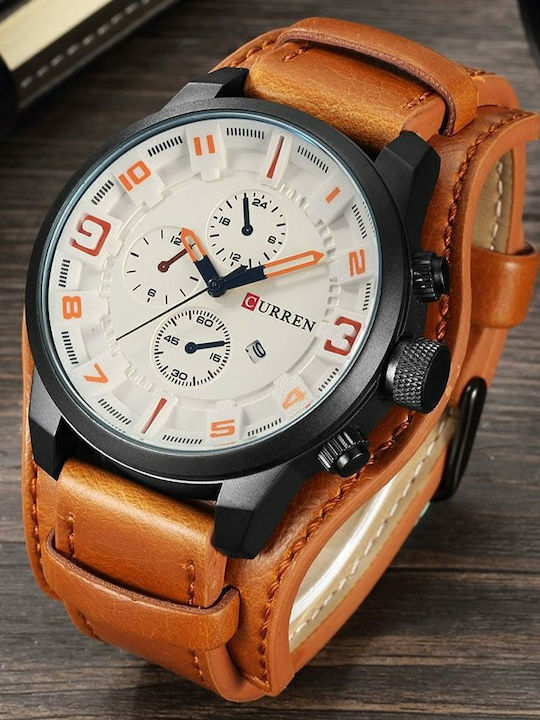 Curren Men's Watch 45mm Chronograph Battery with Leather Strap Brown / White