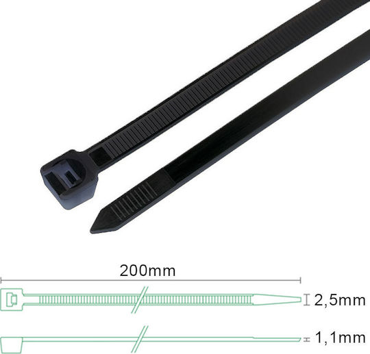 Sapiselco Δεματικά Καλωδίων Πλαστικά 200mmx2.5mm σε Μαύρο χρώμα (100τμχ) sel.3.205