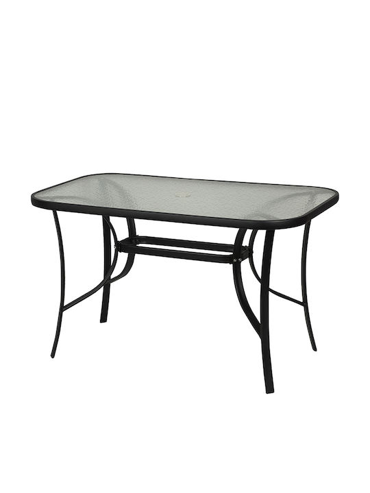 Outdoor Dinner Free Standing Table with Glass Surface and Metal Frame Black 120x70x72cm