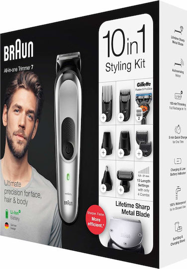Braun All-In-One Trimmer 7 10 in 1 Σετ Επαναφορτιζόμενης Κουρευτικής Μηχανής Ασημί MGK7220