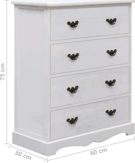 Chest of Drawers of Solid Wood with 4 Drawers White 60x30x75cm